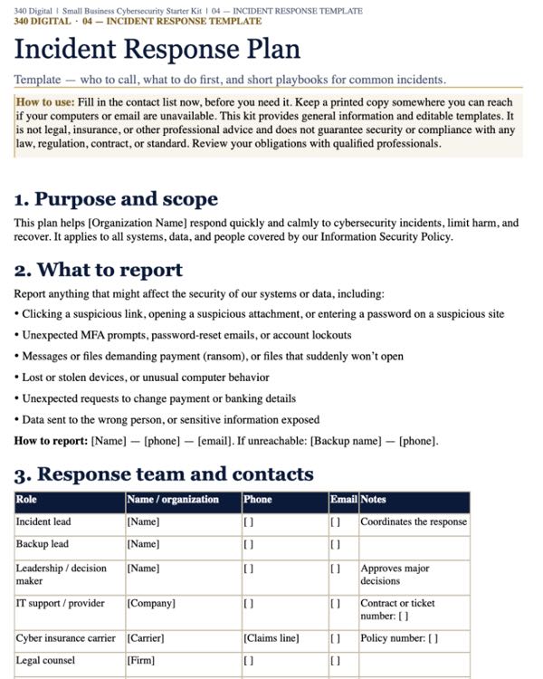 Preview of Incident Response Plan: Who to call, what to report, and first steps.