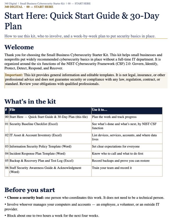Preview of Start Here guide: What’s in the kit, who to involve, and the 30-day plan.